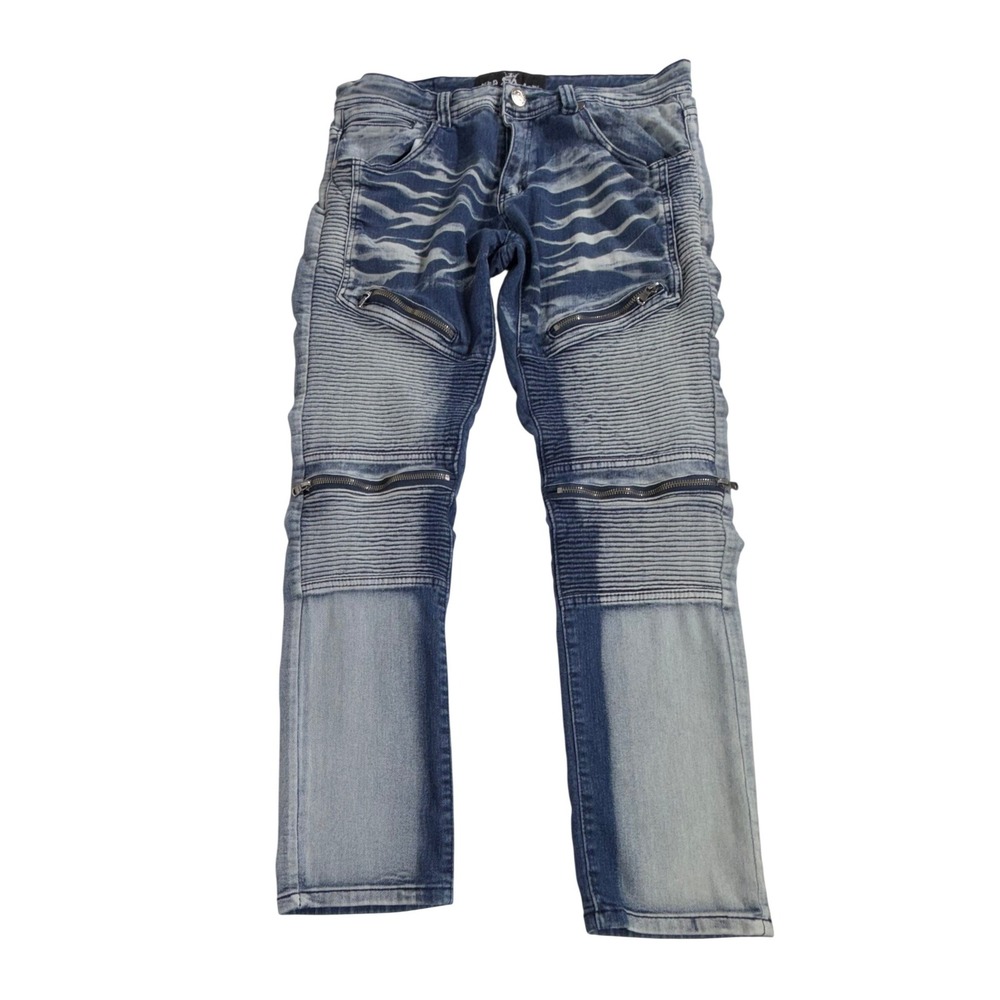 Red Ape Biker Moto Jeans 32x28‎ Blue Acid Wash Ribbed Zipper Detail Streetwear